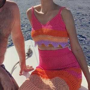 Spaghetti Strap Backless Color Patchwork Beach Dress 2pcs M